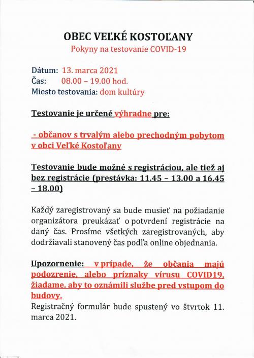 Pokyny k&nbsp;testovaniu dňa 13.3.2021